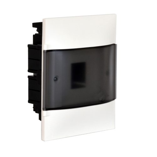 Legrand PractiboxS 1 sor 4 modul, gipszkartonba süllyeszthető kiselosztó (850°C), átlátszó füstszínű ajtóval, védőföld és nulla elosztókapoccsal (Legrand 134174)