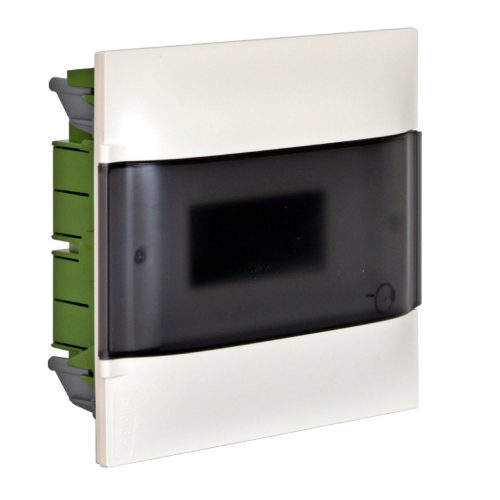 Legrand PractiboxS 1 sor 6 modul, gipszkartonba süllyeszthető kiselosztó (850°C), átlátszó füstszínű ajtóval, védőföld és nulla elosztókapoccsal (Legrand 134176)