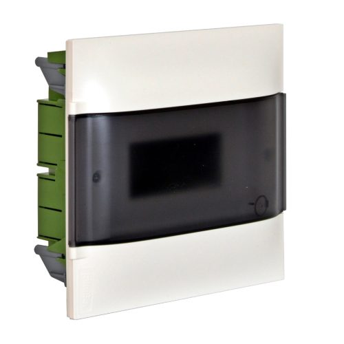 Legrand PractiboxS 1 sor 8 modul, gipszkartonba süllyeszthető kiselosztó (850°C), átlátszó füstszínű ajtóval, védőföld és nulla elosztókapoccsal (Legrand 134178)