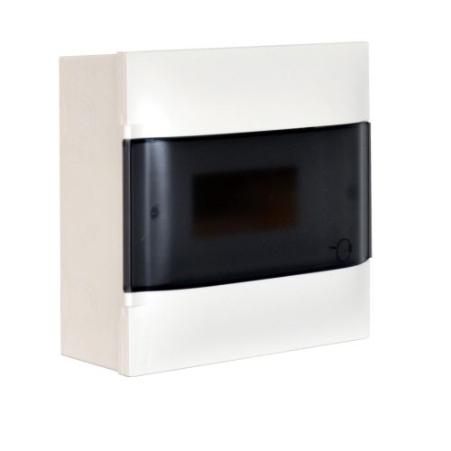 Legrand PractiboxS 1 sor 8 modul, falon kívüli kiselosztó, átlátszó füstszínű ajtóval, védőföld és nulla elosztókapoccsal (Legrand 134218)