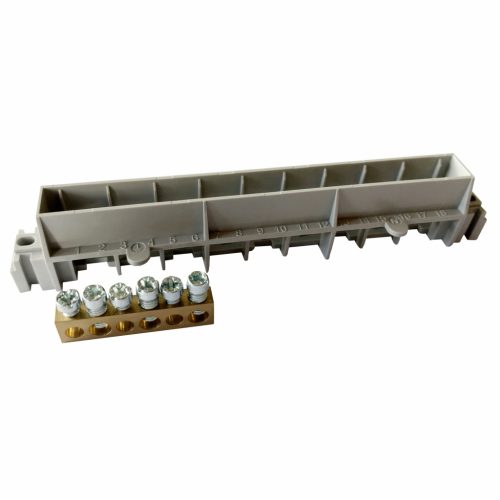 Legrand PractiboxS 8 modulos szekrényhez, 1 x (3x16mm² + 3x10mm²) csupasz PE elosztókapocs szigetelt tartóval; Icc=6 kA (Legrand 134801)