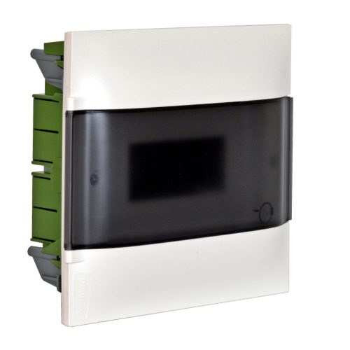 Legrand PractiboxS 1 sor 12 modul, téglafalba süllyeszthető kiselosztó(650°C), átlátszó füstszínű ajtóval, védőföld és nulla elosztókapoccsal (Legrand 135151)
