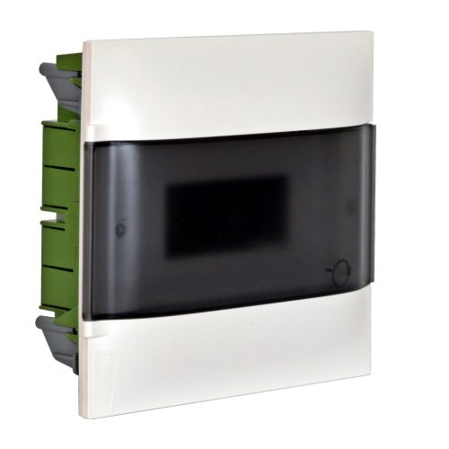 Legrand PractiboxS 1 sor 12 modul, gipszkartonba süllyeszthető kiselosztó(850°C), átlátszó füstszínű ajtóval, védőföld és nulla elosztókapoccsal (Legrand 135171)