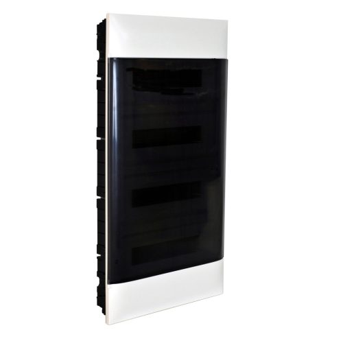 Legrand PractiboxS 4 sor 18 modul, téglafalba süllyeszthető kiselosztó(650°C), átlátszó füstszínű ajtóval, védőföld és nulla elosztókapoccsal (Legrand 137159)