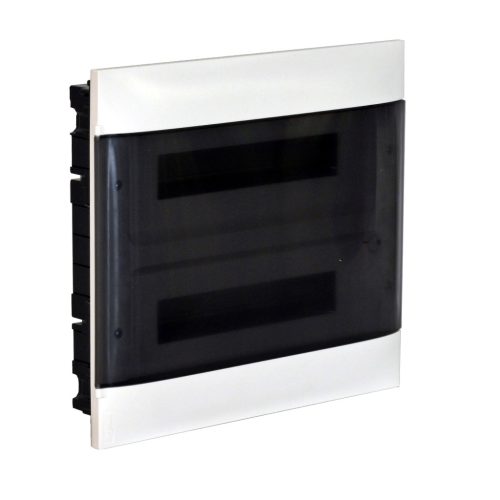 Legrand PractiboxS 2 sor 18 modul, gipszkartonba süllyeszthető kiselosztó(850°C), átlátszó füstszínű ajtóval, védőföld és nulla elosztókapoccsal (Legrand 137177)