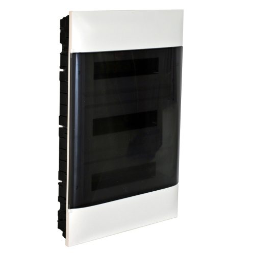 Legrand PractiboxS 3 sor 18 modul, gipszkartonba süllyeszthető kiselosztó(850°C), átlátszó füstszínű ajtóval, védőföld és nulla elosztókapoccsal (Legrand 137178)