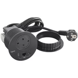   Legrand Incara Disq 80 - bútorba süllyeszthető 2P+F + USB A+C + RJ45 Cat.6 UTP aljzat, 2m kábellel, fekete (Legrand 654711)