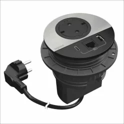   Legrand Incara Disq 80 - bútorba süllyeszthető 2P+F + USB A+C + RJ45 Cat.6 UTP aljzat, 2m kábellel, alumínium (Legrand 654712)