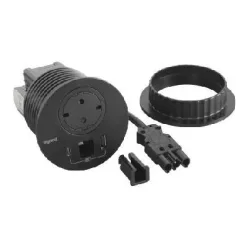   Legrand Incara Disq 80 - bútorba süllyeszthető 2P+F + USB A+C + kábelkivezető aljzat, 2m kábellel, fekete (Legrand 654715)