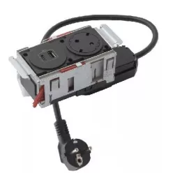   Legrand Incara Disq In 2 - bútorba süllyeszthető 1x2P+F + 1xUSB A+C aljzat, 2m kábellel, fekete (Legrand 654749)