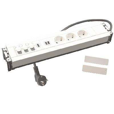 Legrand Incara Multilink - bútorba süllyeszthető, 12 modul, 3x2P+F + USB A+C + 3xRJ45 Cat.6 UTP 1 modul + HDMI 1 modul aljzat, 2m kábellel, fehér (Legrand 654863)