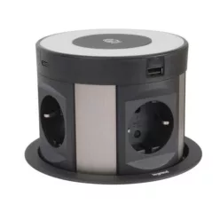   Legrand Incara Tower 120 - bútorba süllyeszthető, 4x2P+F + 2xUSB A+C aljzat + vezeték nélküli töltő, 2m kábellel (Legrand 654983)