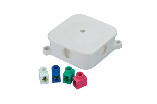 Falon kívüli kötődoboz, P-2, 4x2,5mm² több színű csatlakozóval, 4 bevezetéssel, 72x72x28mm, IP44