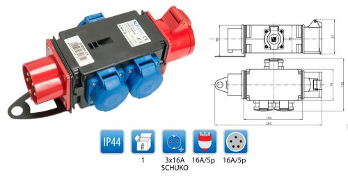 R-BOX MINI ipari elosztó-csatlakozóaljzat, 1x16A/5p dugvilla, 1x16A/5p aljzat, 3x250V