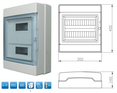 Vízmentes lakáselosztó, N+PE sínnel, 24 modul, IP65