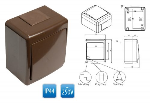 Barna egypólusú kapcsoló, kültéri, vízmentes, IP44