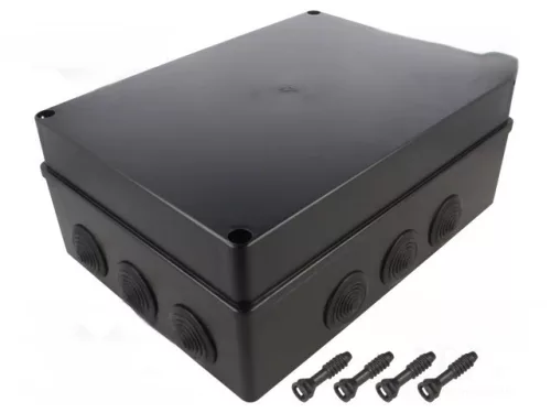 Kötődoboz, 12 gumi bevezetővel, fekete, 300x220x120mm, IP65, UV-álló