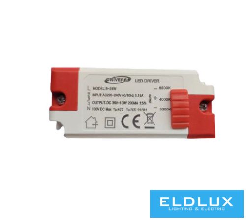 UNIVERSO 8w-tól 24w-ig CCT.kap-os lámpákhoz cserélhető trafó AC:220-240V DC:36-100V 200ma