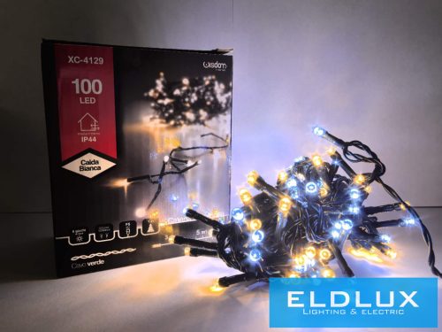 WISDOM fényfüzér meleg+hideg fényű 100LED 5m zöld kábellel 8 fun. IP44