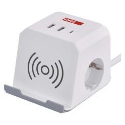   Hosszabbító - kocka 2 m / 2 aljzat / fehér / 2×USB-A+1×USB-C+Qi / 1,5 mm2