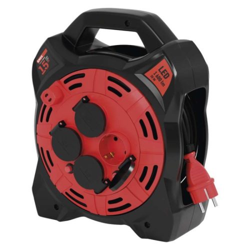 Kültéri kábeldob 15 m / 4 aljzat / gumi-neoprén / 230 V / 1,5 mm2 LED fényvisszaverővel