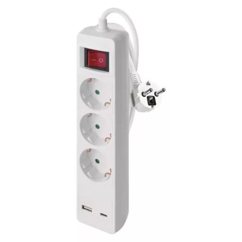 Hosszabbító 2 m / 3 aljzat / kapcsolós / fehér / 1× USB-A + 1× USB-C  / 1,5 mm2
