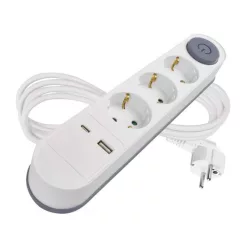   Hosszabbító 2 m / 3 aljzat / kapcsolós / fehér / 1× USB-A + 1× USB-C  / 1,5 mm2