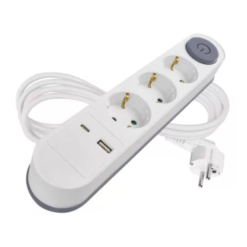 Hosszabbító 2 m / 3 aljzat / kapcsolós / fehér / 1× USB-A + 1× USB-C  / 1,5 mm2