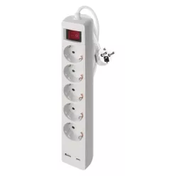   Hosszabbító 3 m / 5 aljzat / kapcsolós / fehér / 1× USB-A + 1× USB-C  / 1,5 mm2