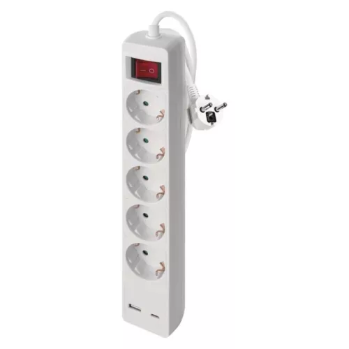 Hosszabbító 3 m / 5 aljzat / kapcsolós / fehér / 1× USB-A + 1× USB-C  / 1,5 mm2