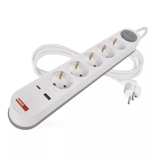Hosszabbító 3 m / 5 aljzat / kapcsolós / fehér-szürke / 1×USB-A + 1×USB-C / 1,5 mm2