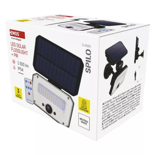 EMOS LED SOLAR reflektor hordozható SPILO, PIR,  1500lm IP54 természetes fehér