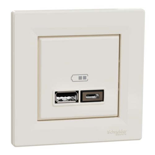 Schneider Electric ASFORA Dupla USB töltő, 2,4A, A+C, bézs (EPH2700323)