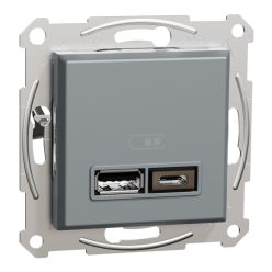   Schneider Electric ASFORA Dupla USB töltő, 2,4A, A+C, acél (EPH2700362)