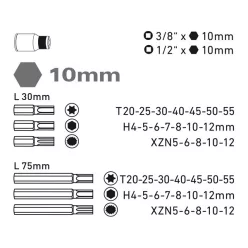   BIT klt. 40 db HEX-TORX-XZN, 10mm, adapter 3/8" és 1/2", CrV, műanyag dobozban