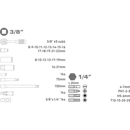 dugókulcs klt., CV., racsnis 45fog ; 3/8", 39db, normál(8-22mm) és hosszú(8-19mm) dugófejek, gyertyakulcs 16&21mm, 11 bi