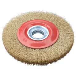  drótcsiszoló körkefe kettős köszörűre, 150mm, 32mm átm, műa. adapterek, hullámos szálú, rezezett acél