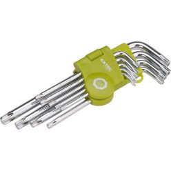   torx kulcs klt., Cr40. 9db, egyik vége lyukas; T10,15,20,25,27,30,40,45,50, bliszteren