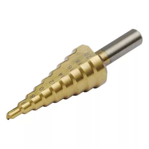 lépcsős fémfúró, 15 lépcsős; (4-32mm, 2mm lépcsők), befogás: 10mm, max. 5mm vastag anyagokhoz, TiN bevonat