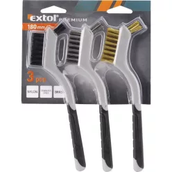   drótkefe klt., 3 db: nylon-, réz- és rozsdamentes acél szál, 3×8 sor, 180mm, kétkomponensű TPR+PP puha műanyag nyél
