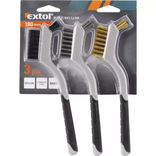 drótkefe klt., 3 db: nylon-, réz- és rozsdamentes acél szál, 3×8 sor, 180mm, kétkomponensű TPR+PP puha műanyag nyél