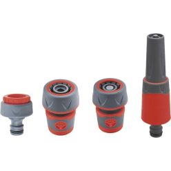   locsoló alap szett, 3/4" tömlőhöz; 4 db (1db szórófej, 2 db gyorscsatlakozó, 1 db kuplung csatlakozó 1/2"-3/4")