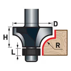   felsőmaró fára, lekerekítő (homorúfejű rádiuszmaró), csapágyas, R12,7×D38,1×H19, befogás: 8mm, keményfém lapkás