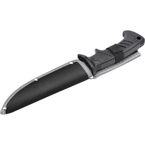 vadász- és túrakés, 3CR13 rozsdamentes acél penge, műanyag nyél, nylon tok, teljes/penge hossz: 275mm/150mm