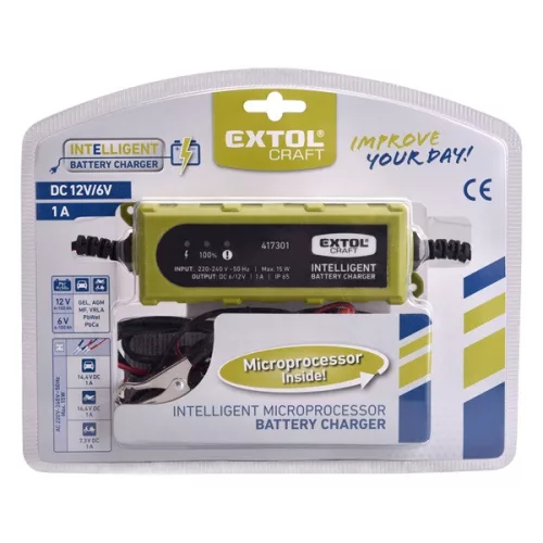 akkutöltő, autós, mikroprocesszoros, intelligens; 1 Amp, 4-100Ah, DC 12V/6V