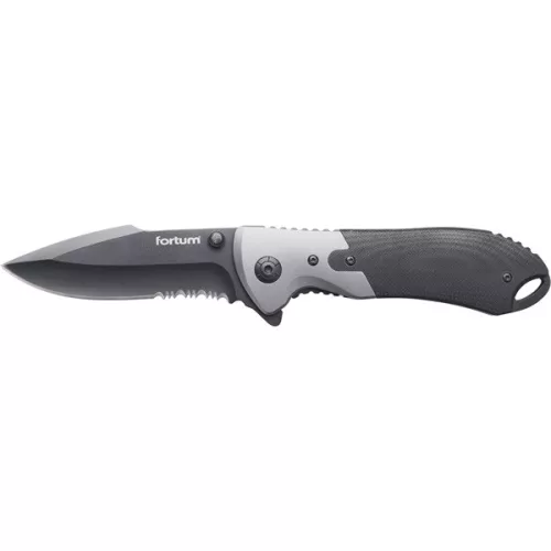zsebkés, rozsdamentes fekete pengével, teljes/összecsukott hossz:207/120mm, ALU/műa. nyél, övre akasztható, rögzítővel