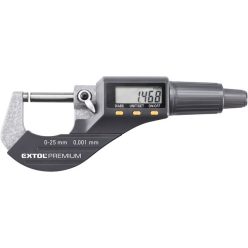   digitális mikrométer; felbontás×mérési tartomány: 0,001×25 mm, keményfém mérőfelület, pontosság ±0,002 mm
