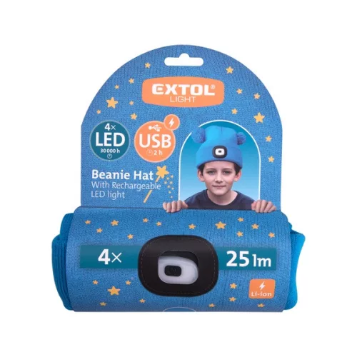sapka, gyerek, kék, kötött, kivehető LED homloklámpával, 4×25 Lumen; USB tölthető Li-ion, 3funkció (100%-75%-50%)
