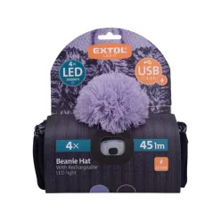   sapka, kék/lila pomponnal, kötött, kivehető LED homloklámpával, 4×45 Lumen; USB tölthető Li-ion, 3funkció (100%-75%-50%)