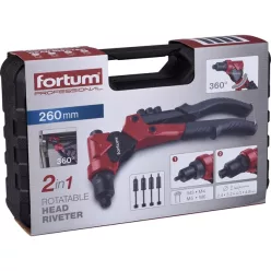   szegecsanya- és popszegecshúzó fogó, 2az1ben, forgatható fejű, kétkaros; 260 mm, CrVMo fej, FORTUM